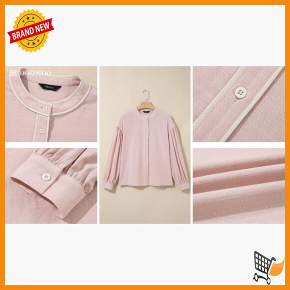 Cotton Blend Button Down Blouse Lantern Sleeves Regular Fit Office Casual - Picture 7 of 7